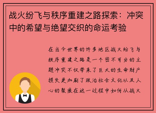 战火纷飞与秩序重建之路探索：冲突中的希望与绝望交织的命运考验
